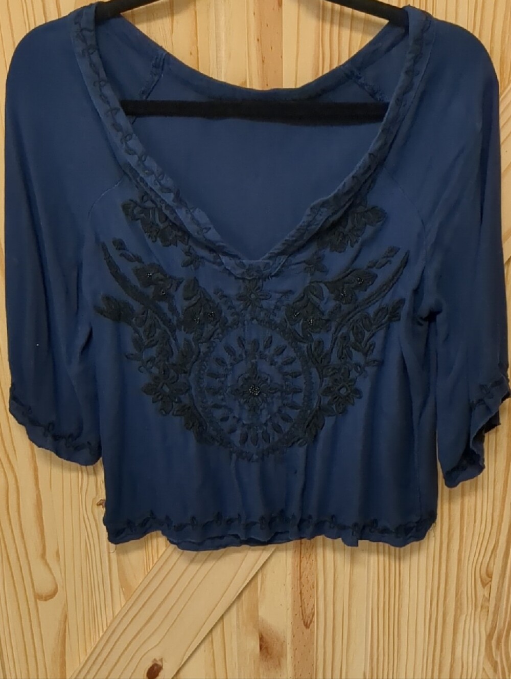 American Eagle Outfitters Navy Blue Embroidered V-Neck Blouse